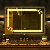 Classic Rectangular Shaped Floral Patten Led Bathroom Wall Mirror